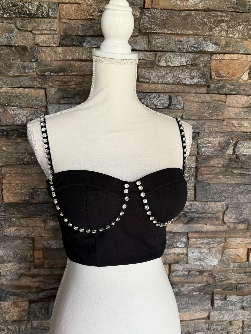 Haute Monde Black Crystal-Embellished Bustier Crop Top